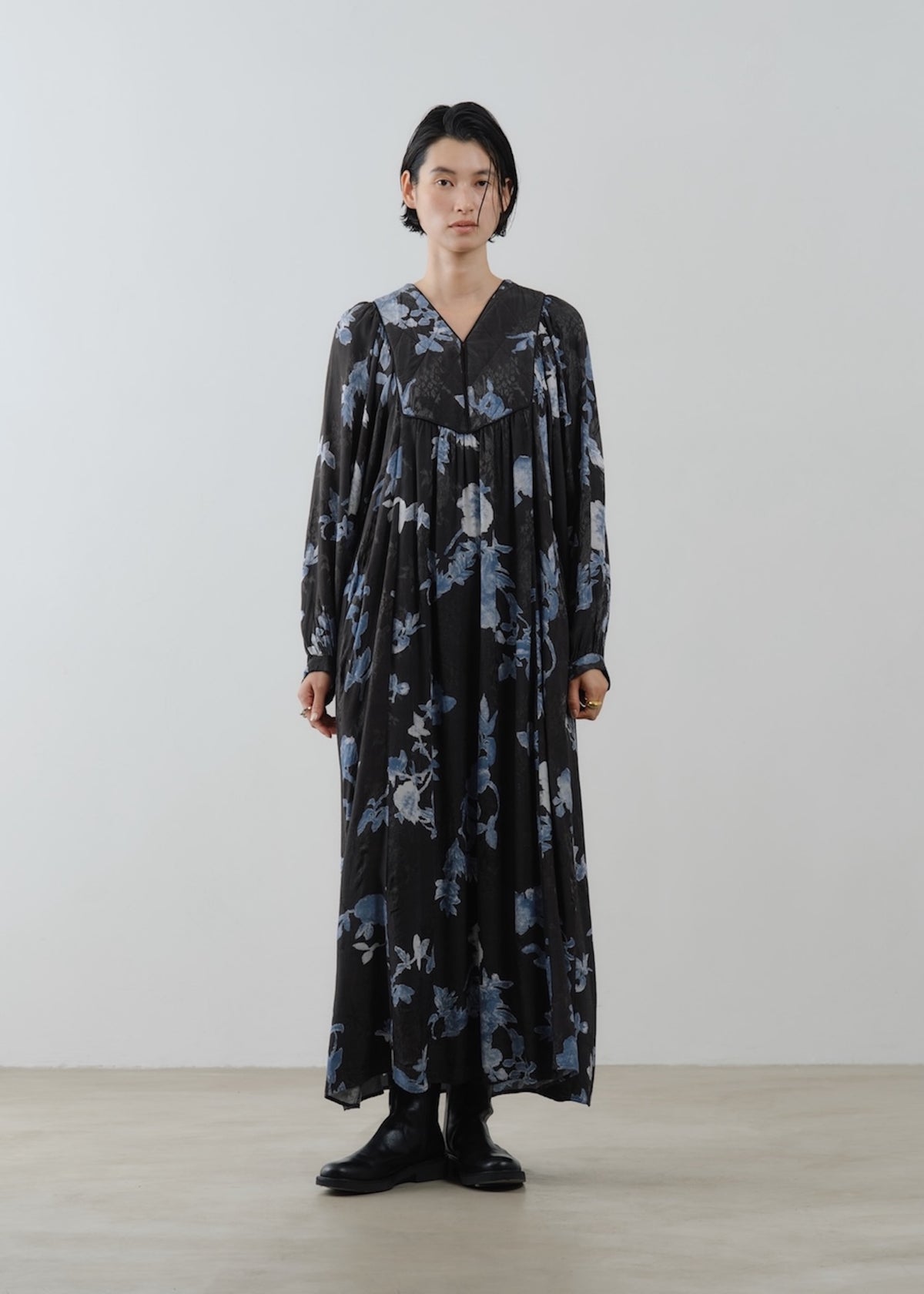 Rayon Jacquard Rose Print Yoke Dress