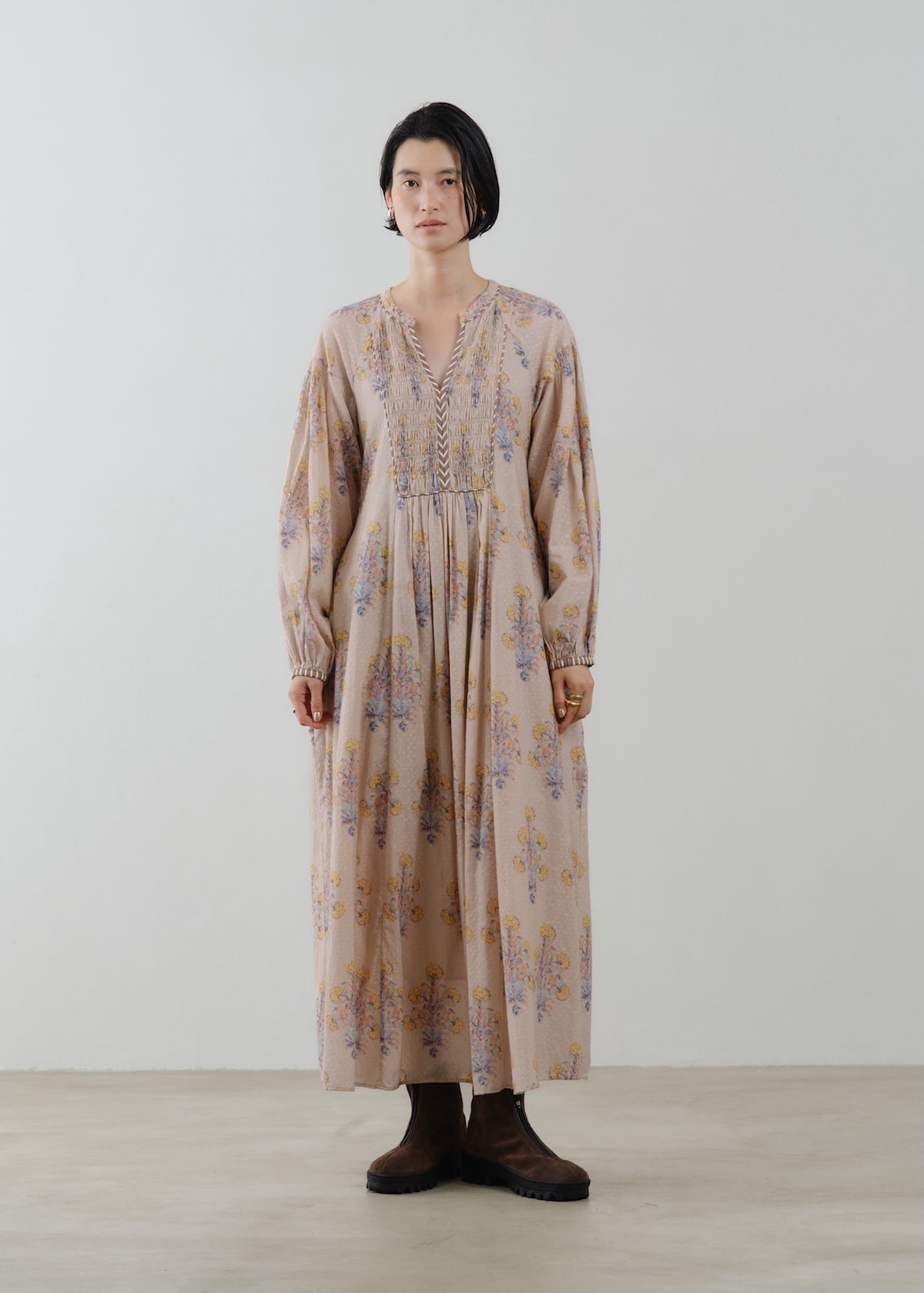 Cotton Jacquard Marigold Print Shirring Dress