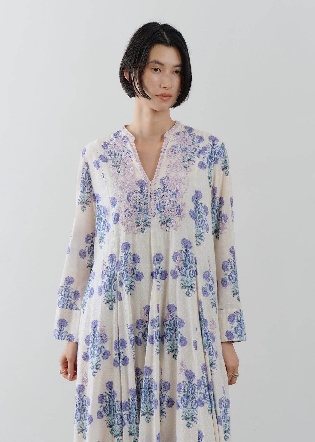 Cotton Jacquard Marigold Print Chikan Embroidery Dress