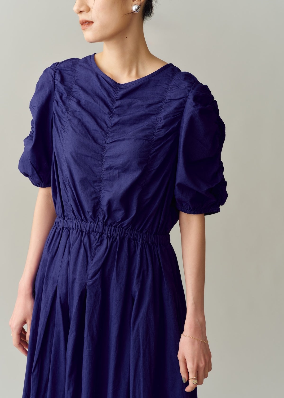 Cotton Dobby Check Shirring Dress