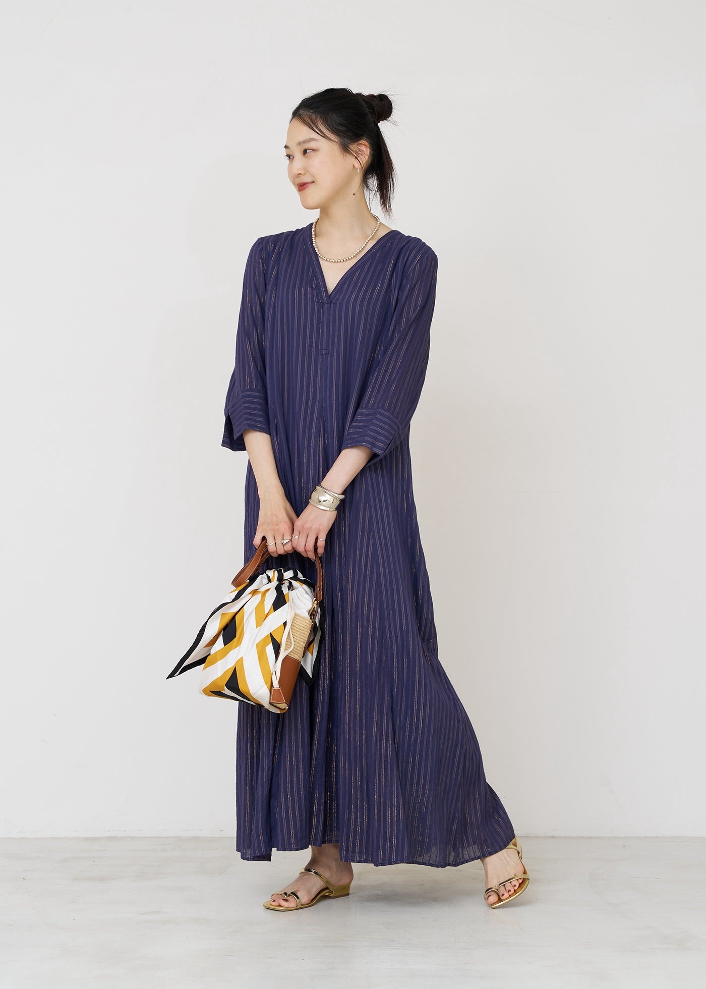 Cotton Lurex Stripe V Neck Dress