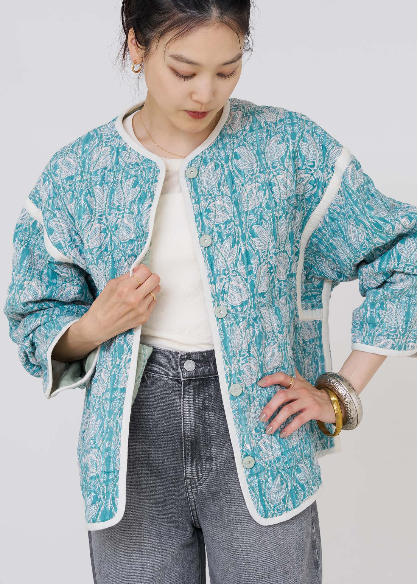 Cotton Lurex Tulip Print Quilting Blouson | Pasand by ne Quittez pas |  パサンドバイヌキテパ