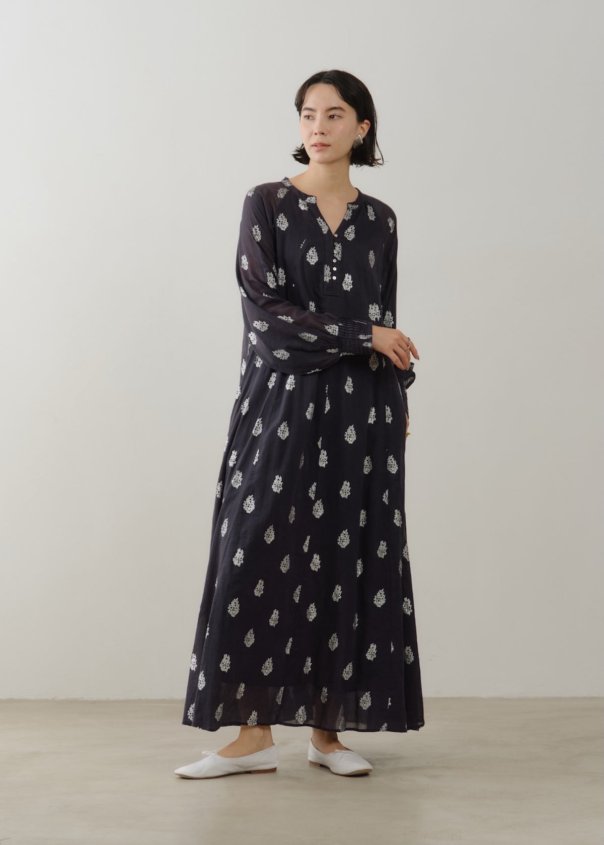 Cotton Voile Foil Flower Print Sleeve Dress