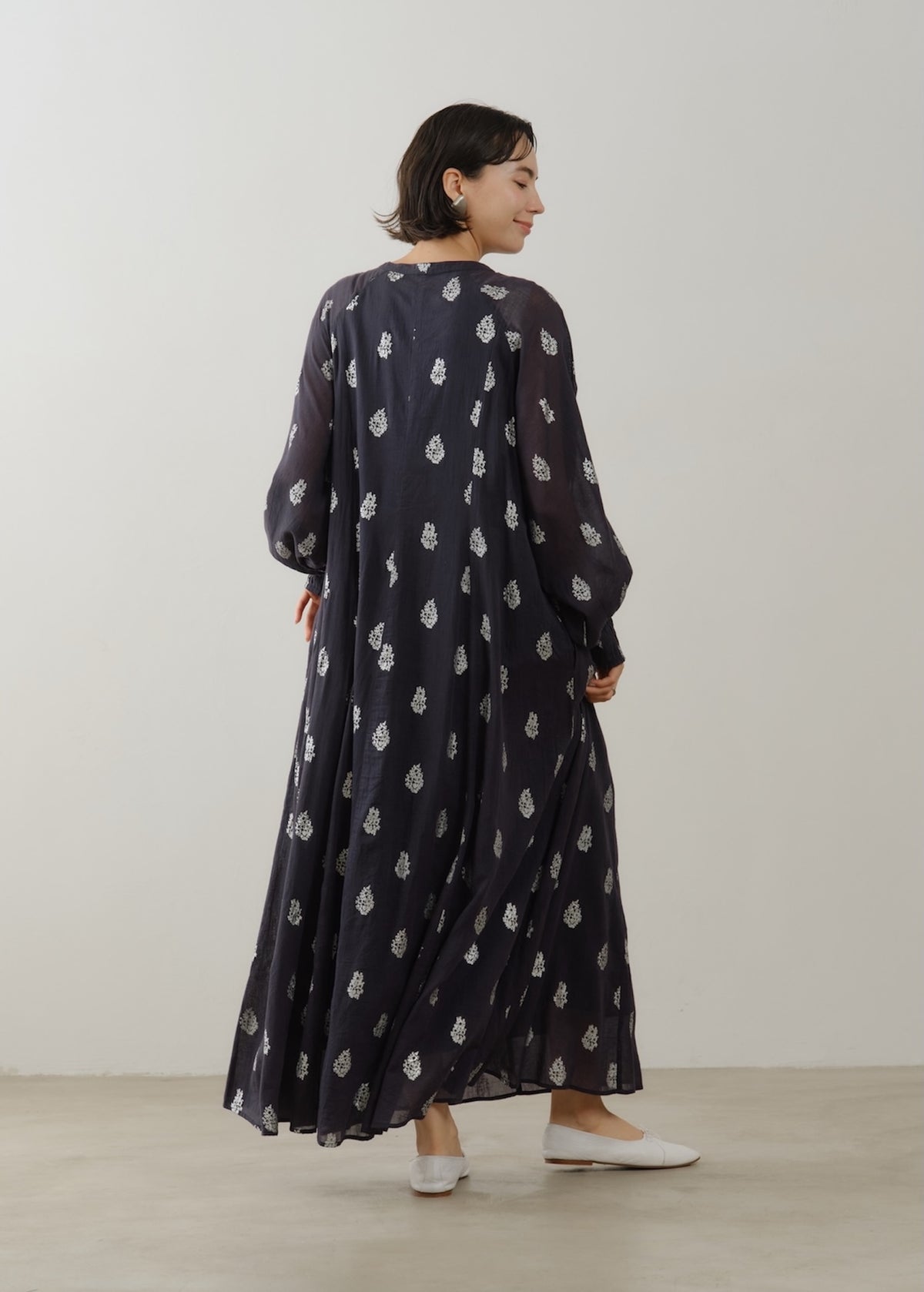 Cotton Voile Foil Flower Print Sleeve Dress