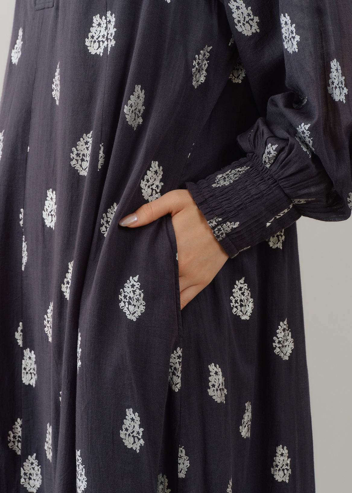 Cotton Voile Foil Flower Print Sleeve Dress