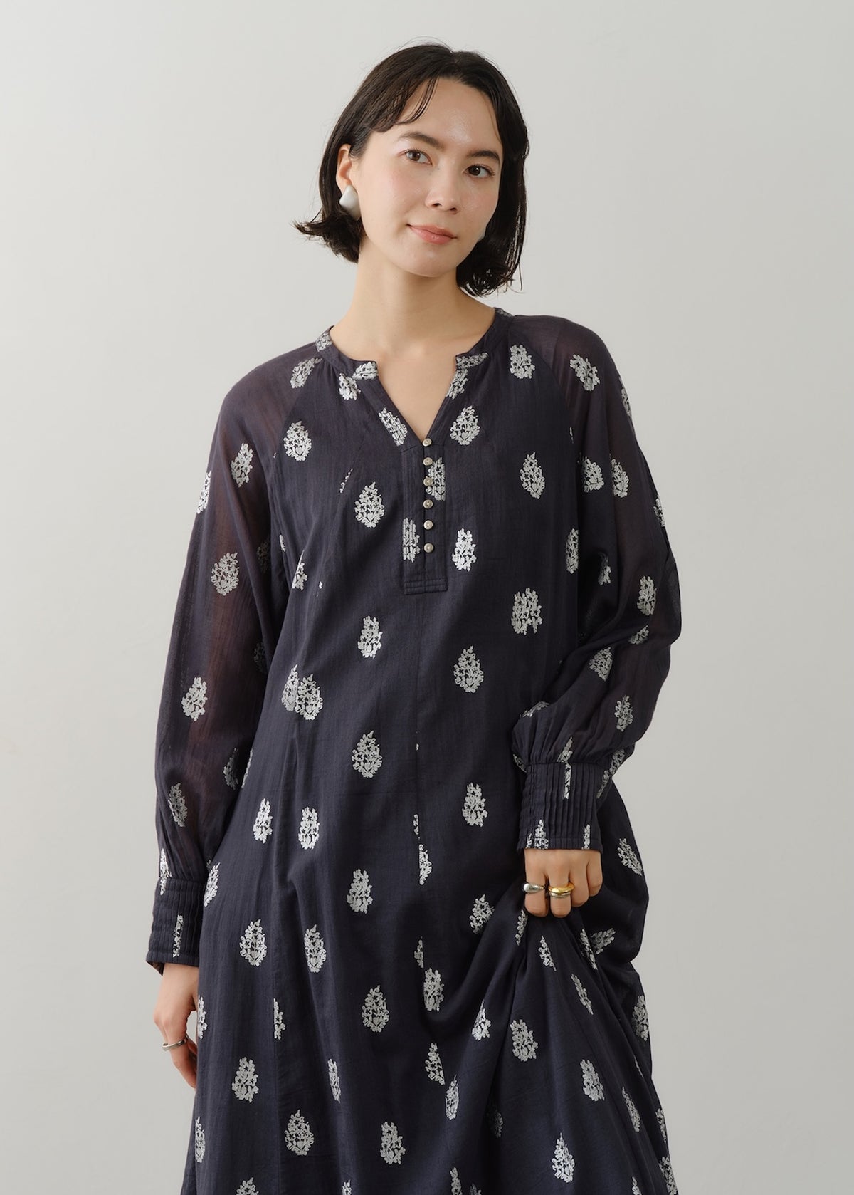 Cotton Voile Foil Flower Print Sleeve Dress