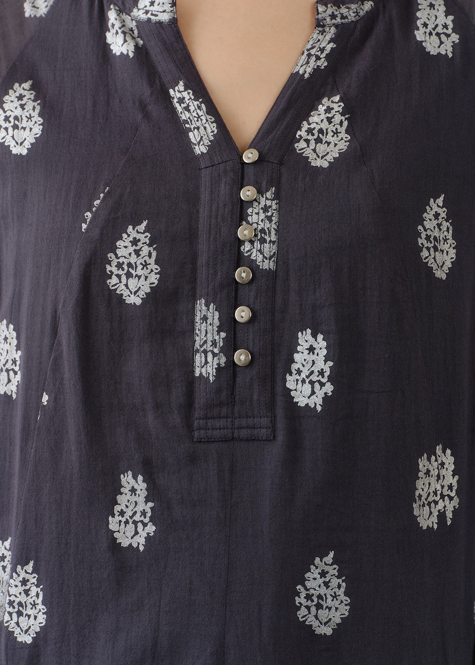 Cotton Voile Foil Flower Print Sleeve Dress