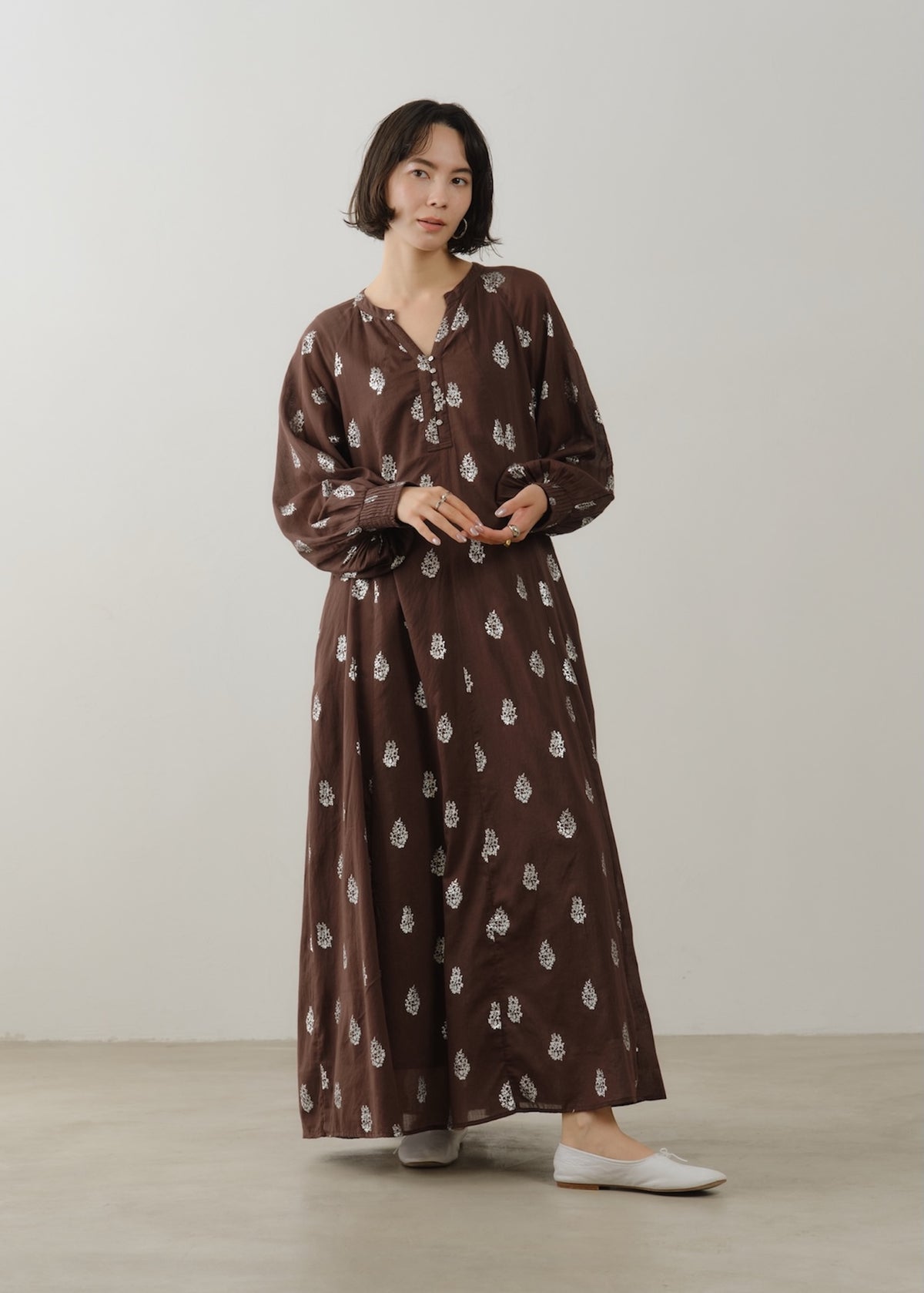 Cotton Voile Foil Flower Print Sleeve Dress