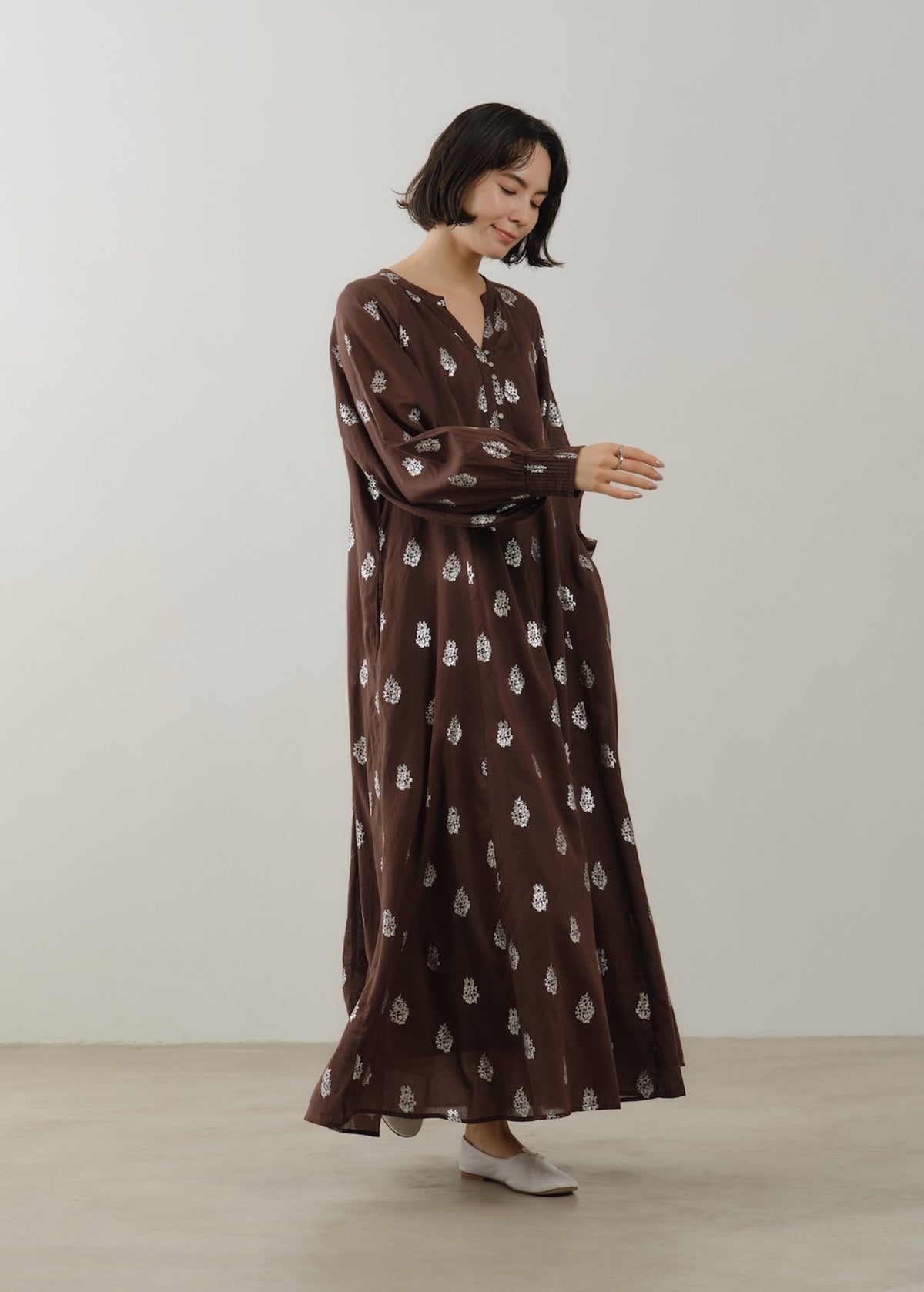 Cotton Voile Foil Flower Print Sleeve Dress