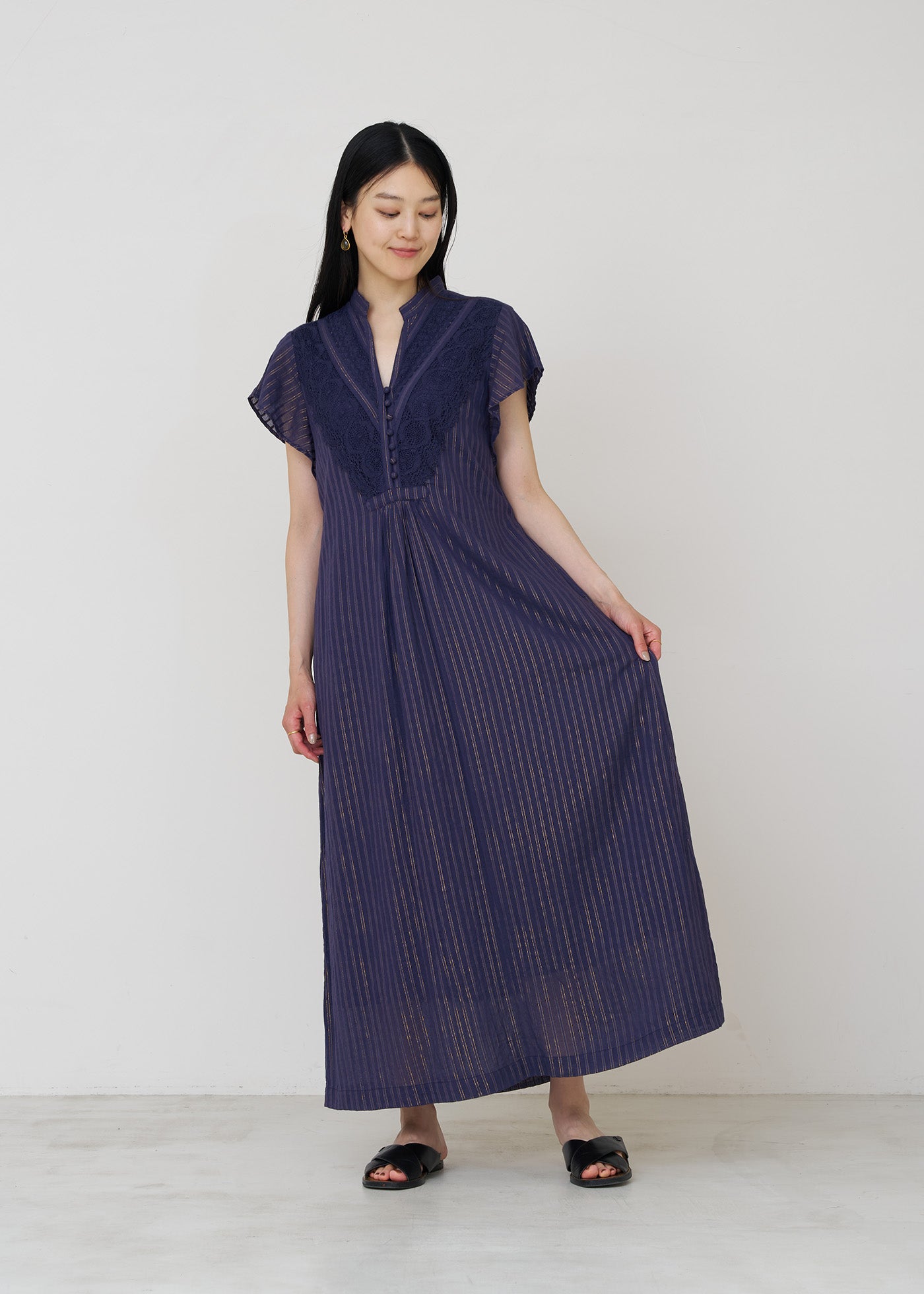 Cotton Lurex Stripe Lace Frill Sleeve Dress