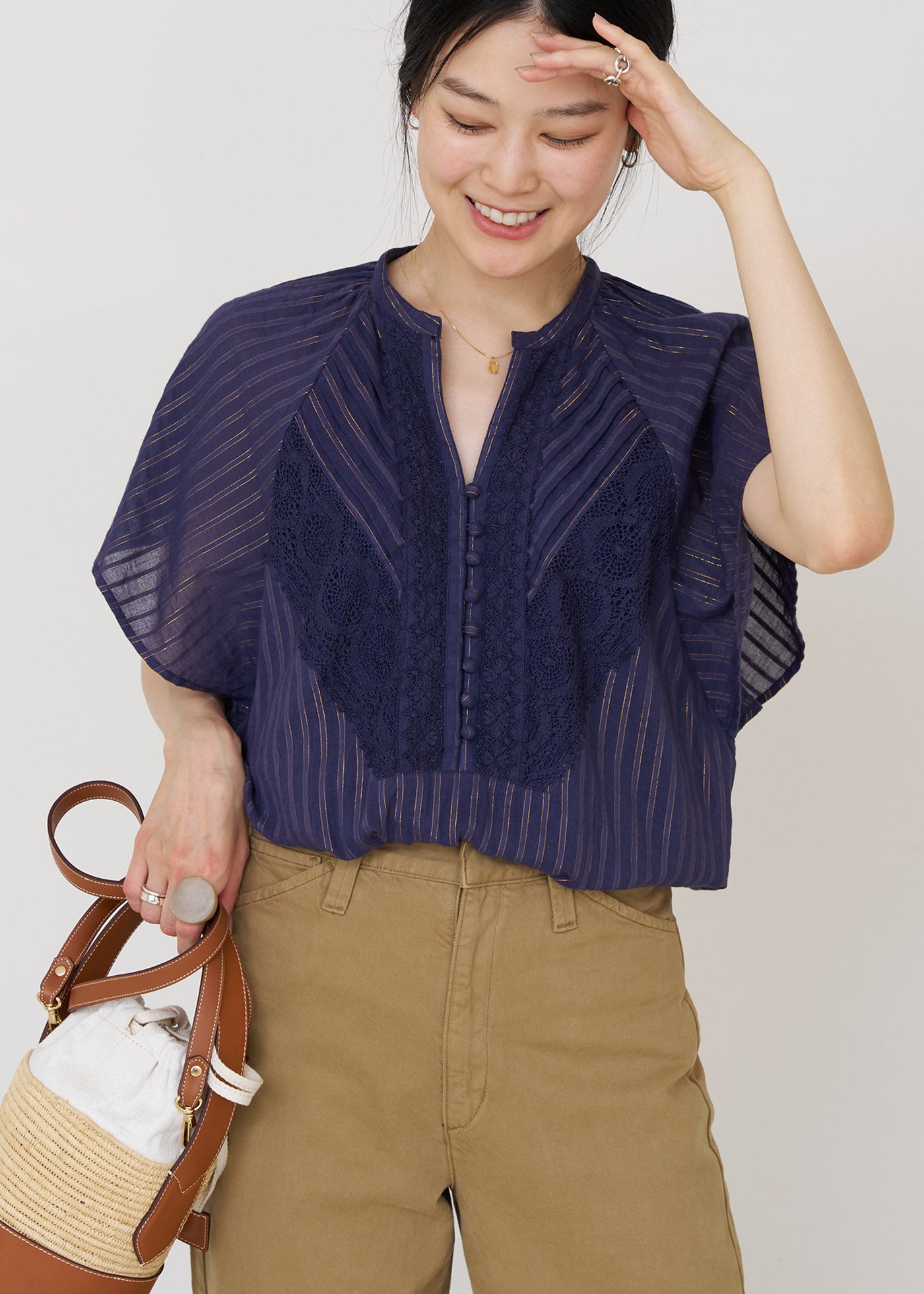 Cotton Lurex Stripe Lace Blouse | Pasand by ne Quittez pas | パサンドバイヌキテパ