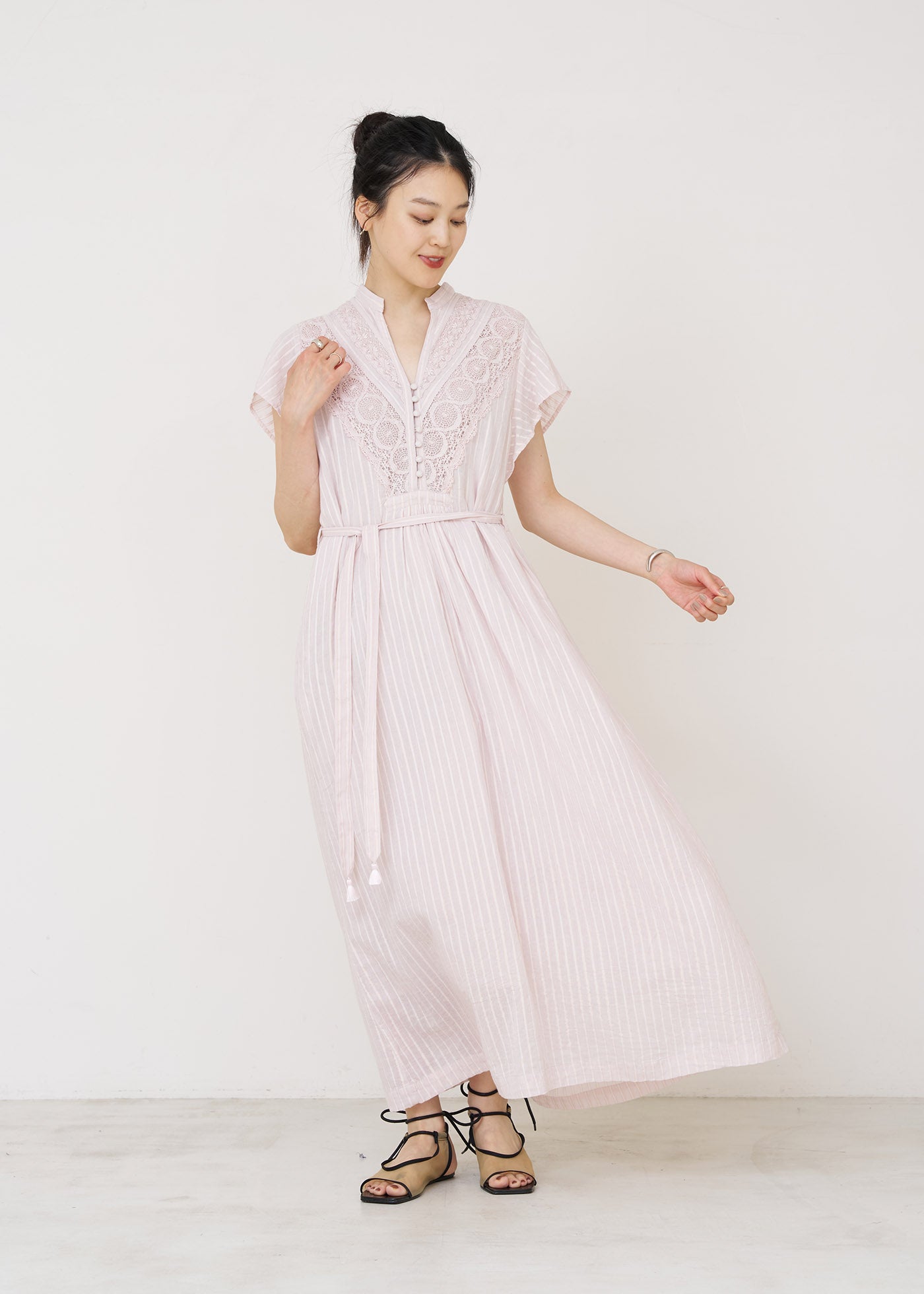 Cotton Lurex Stripe Lace Frill Sleeve Dress