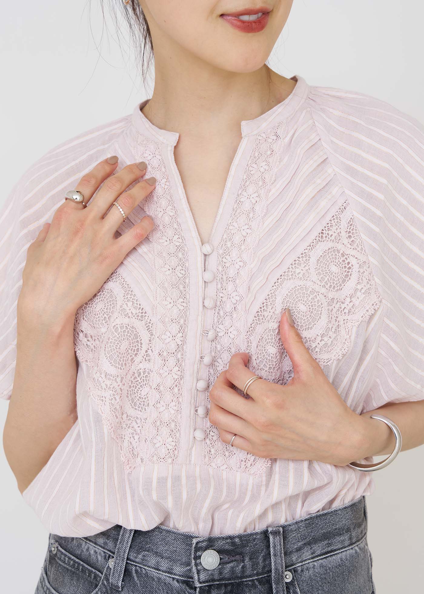 Cotton Lurex Stripe Lace Blouse | Pasand by ne Quittez pas | パサンドバイヌキテパ