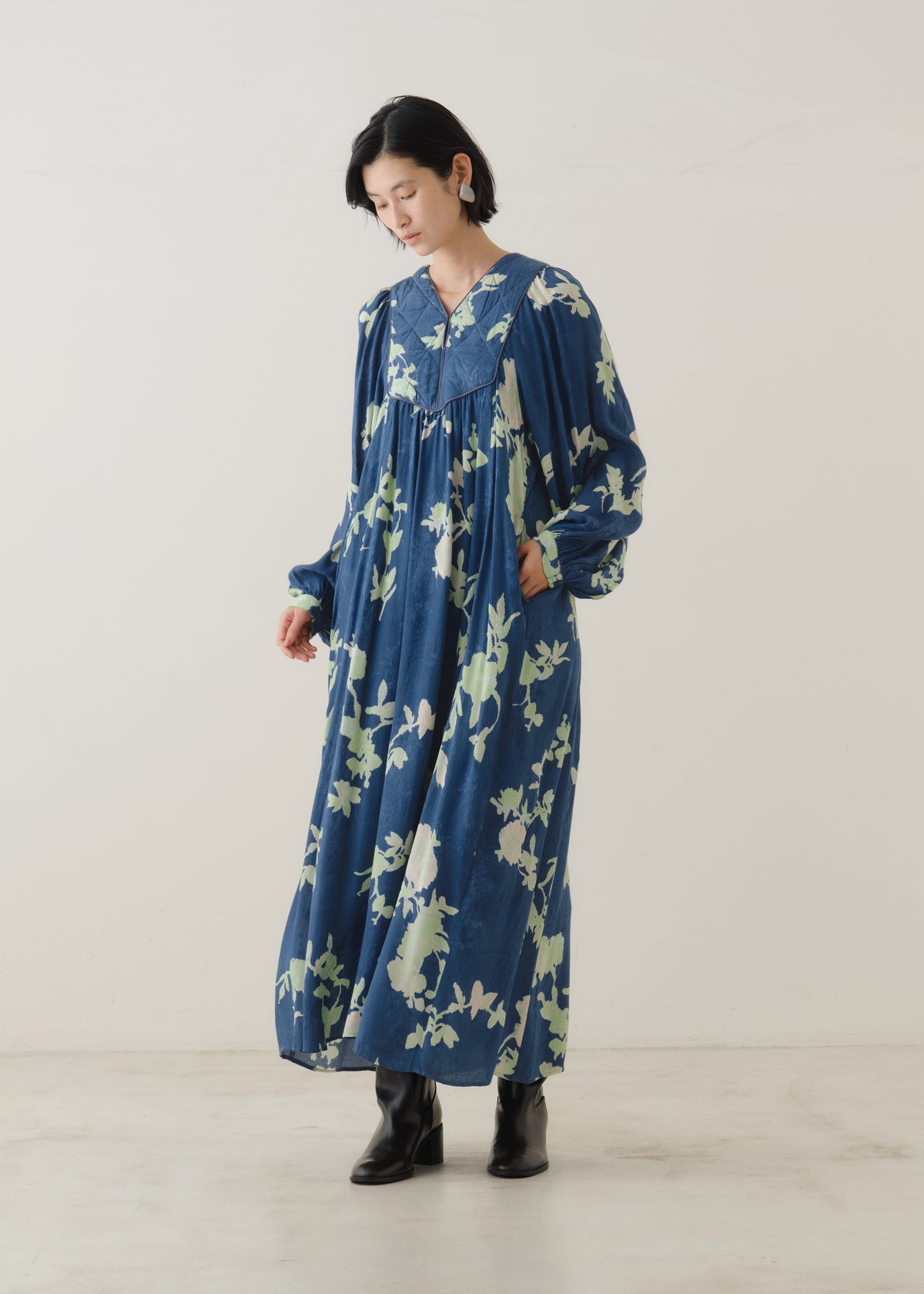 Rayon Jacquard Rose Print Yoke Dress
