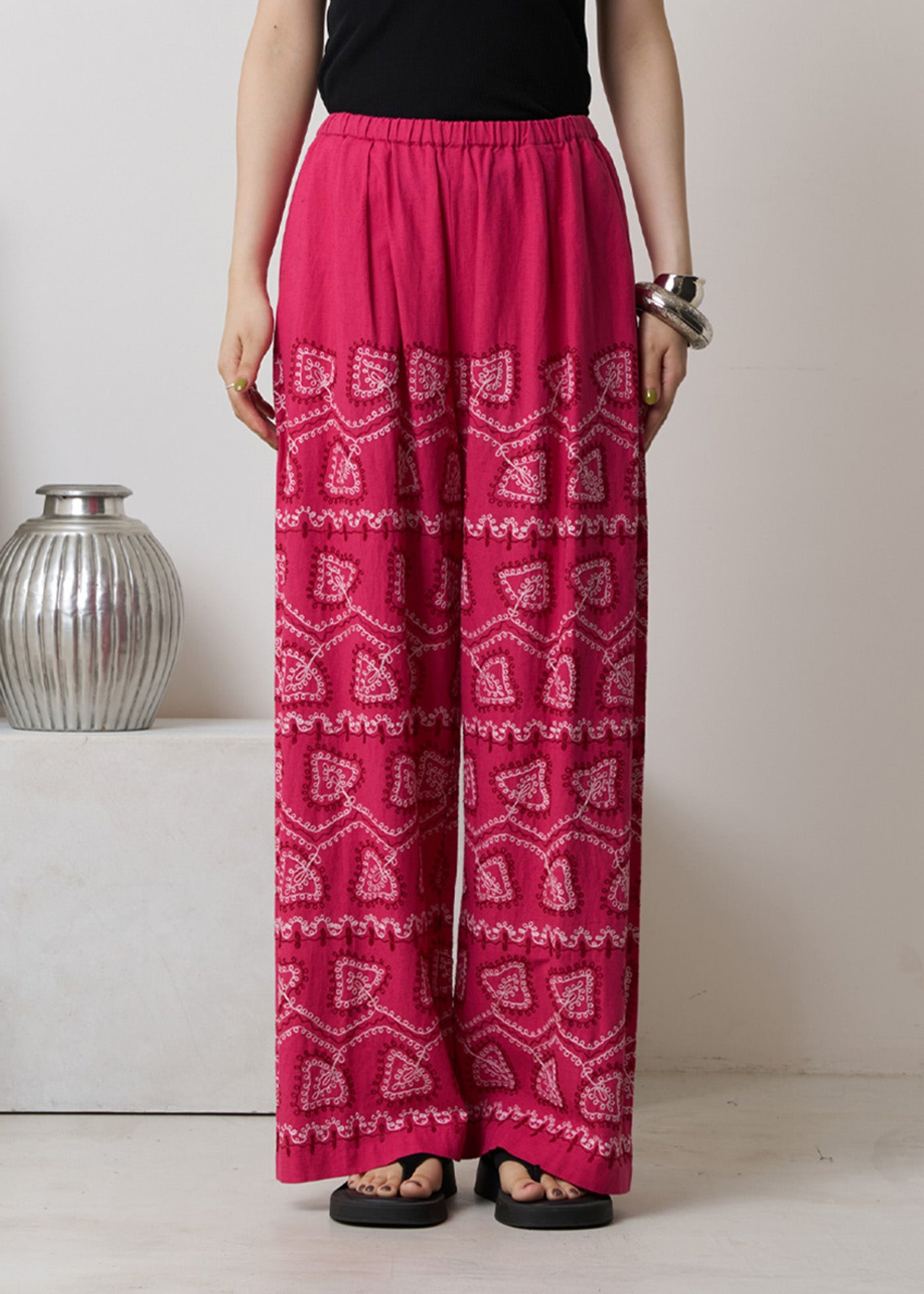 Cotton Linen Star Aari Embroidery Wide Pants