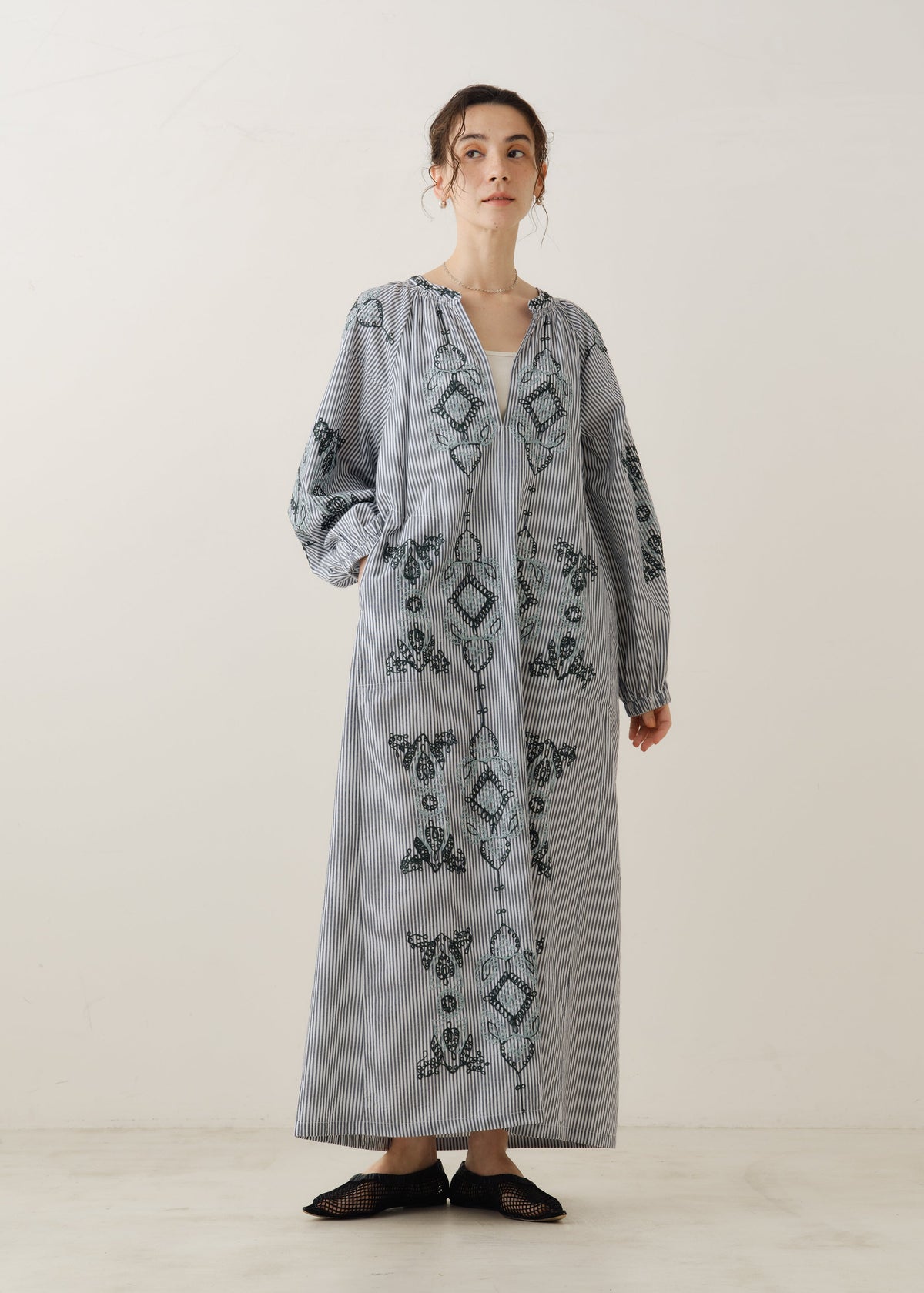 Cotton Aari Embroidery Stripe Dress