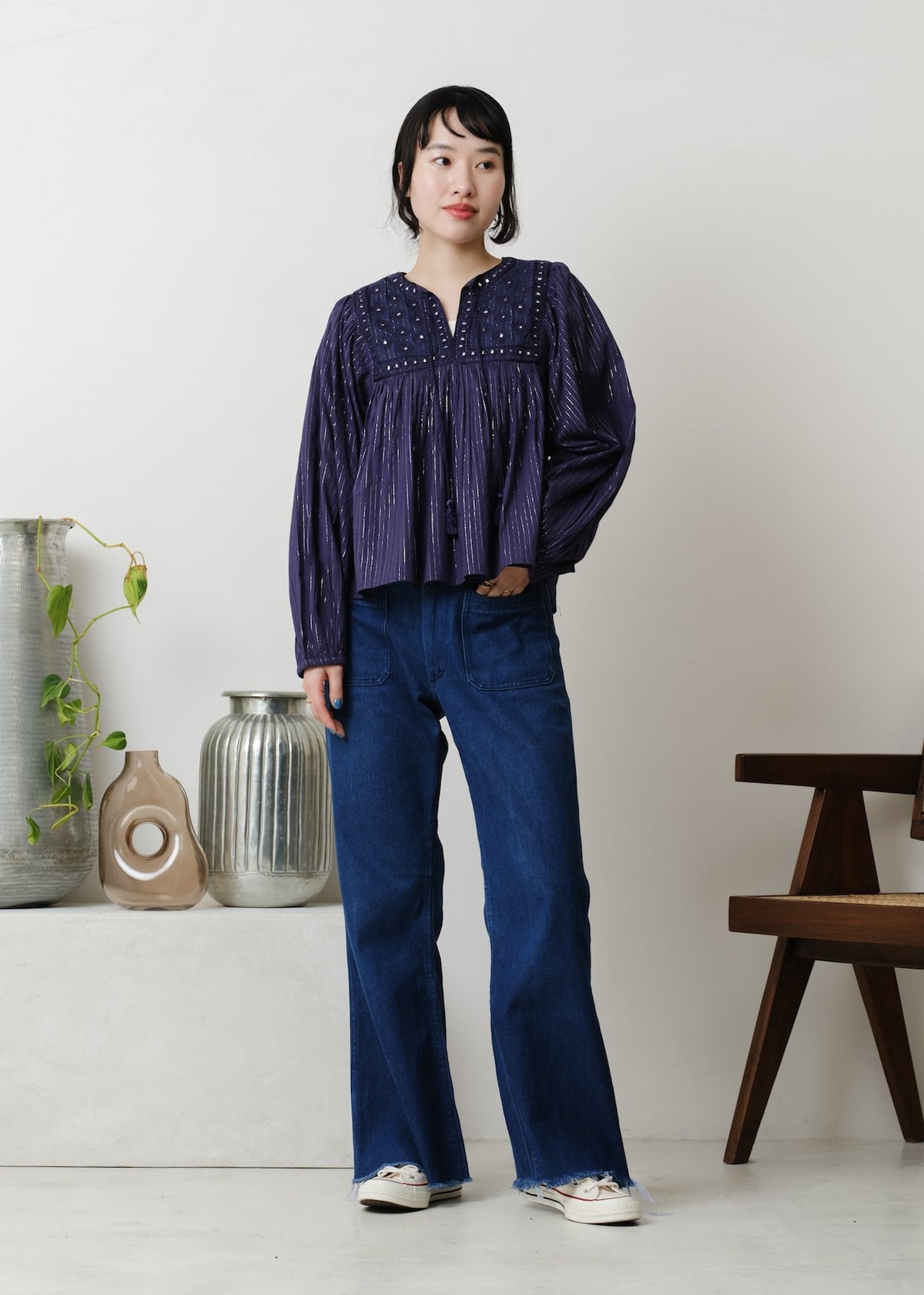 Cotton Stripe Jacquard Long Sleeve Blouse