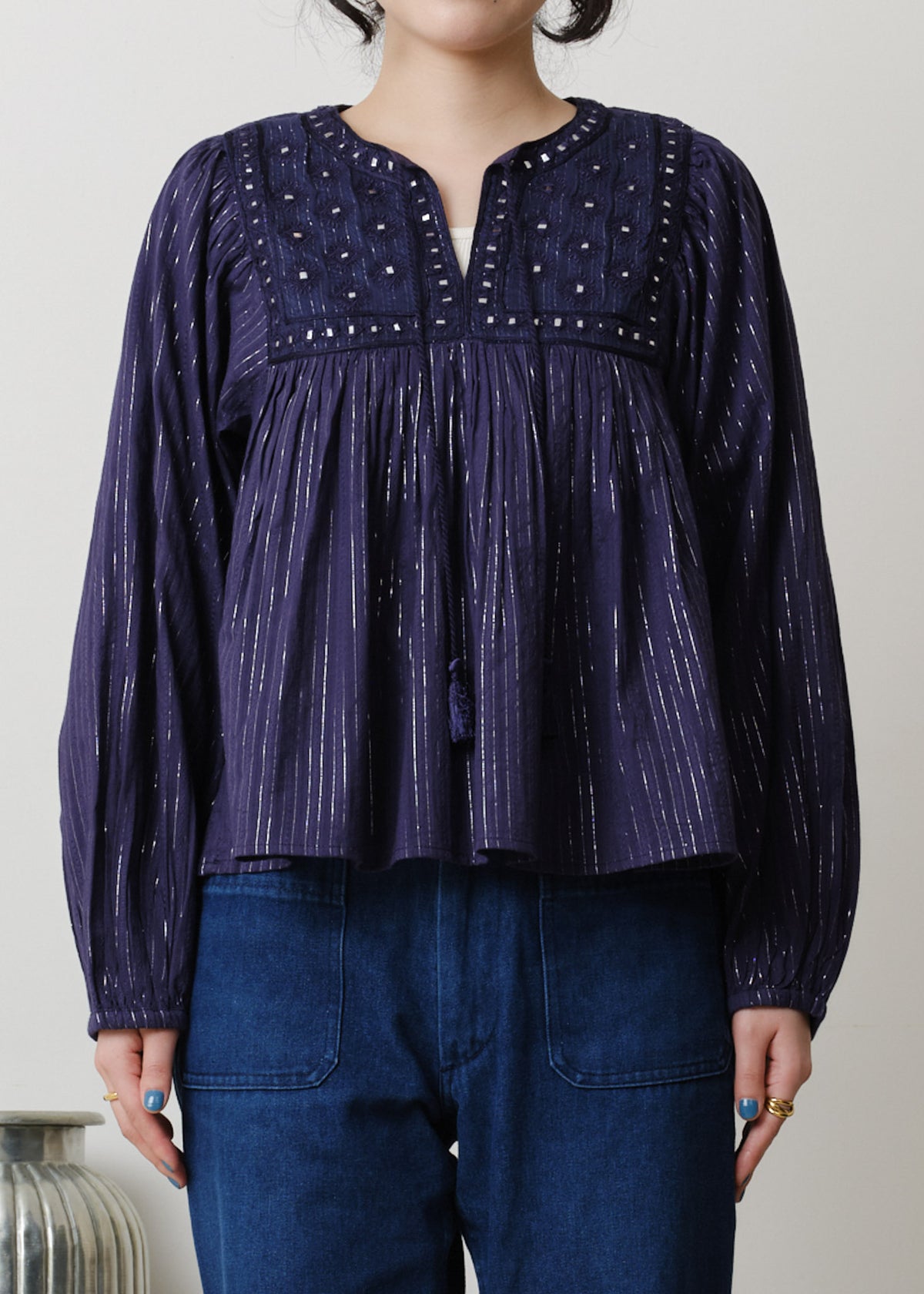 Cotton Stripe Jacquard Long Sleeve Blouse
