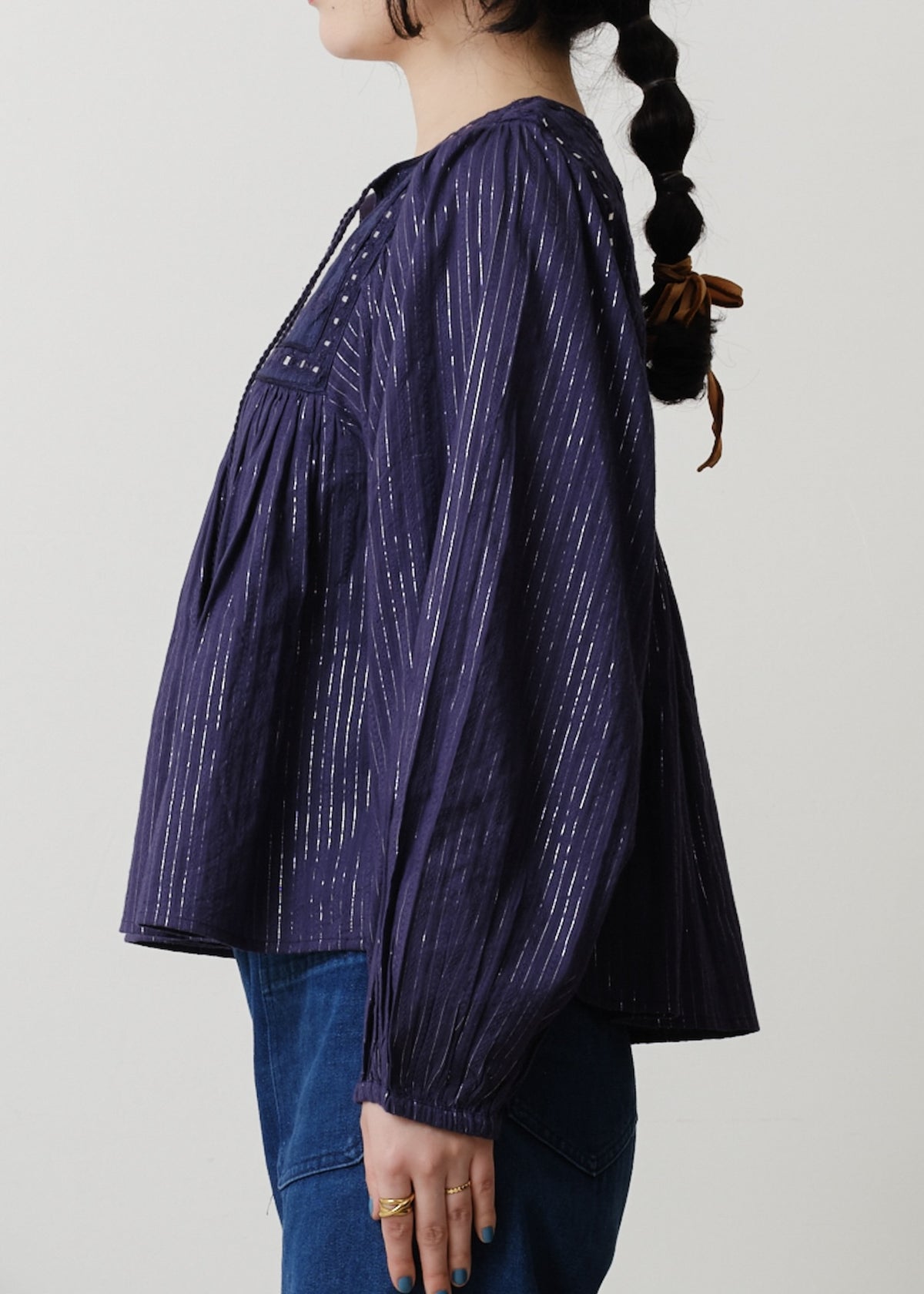 Cotton Stripe Jacquard Long Sleeve Blouse