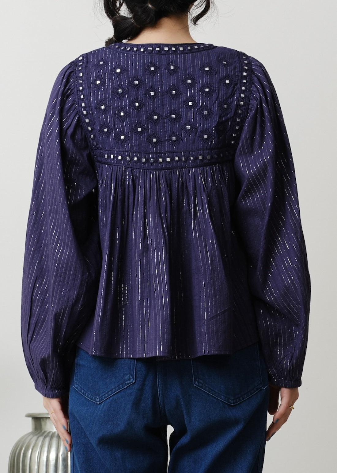 Cotton Stripe Jacquard Long Sleeve Blouse