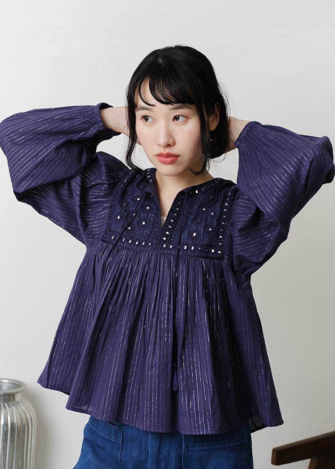 Cotton Stripe Jacquard Long Sleeve Blouse