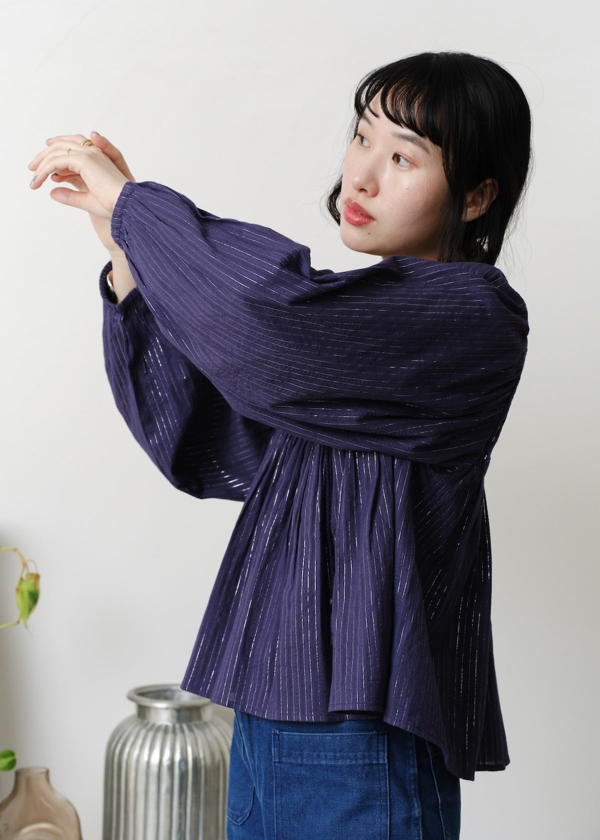 Cotton Stripe Jacquard Long Sleeve Blouse