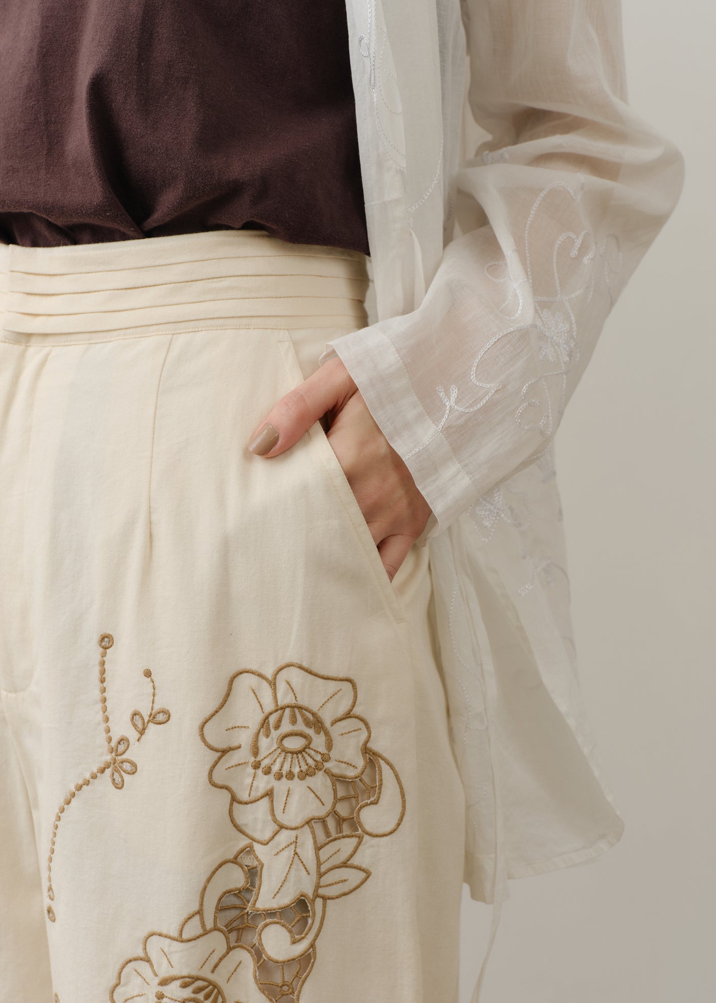 Cotton Twill Cut Work Wide Pants