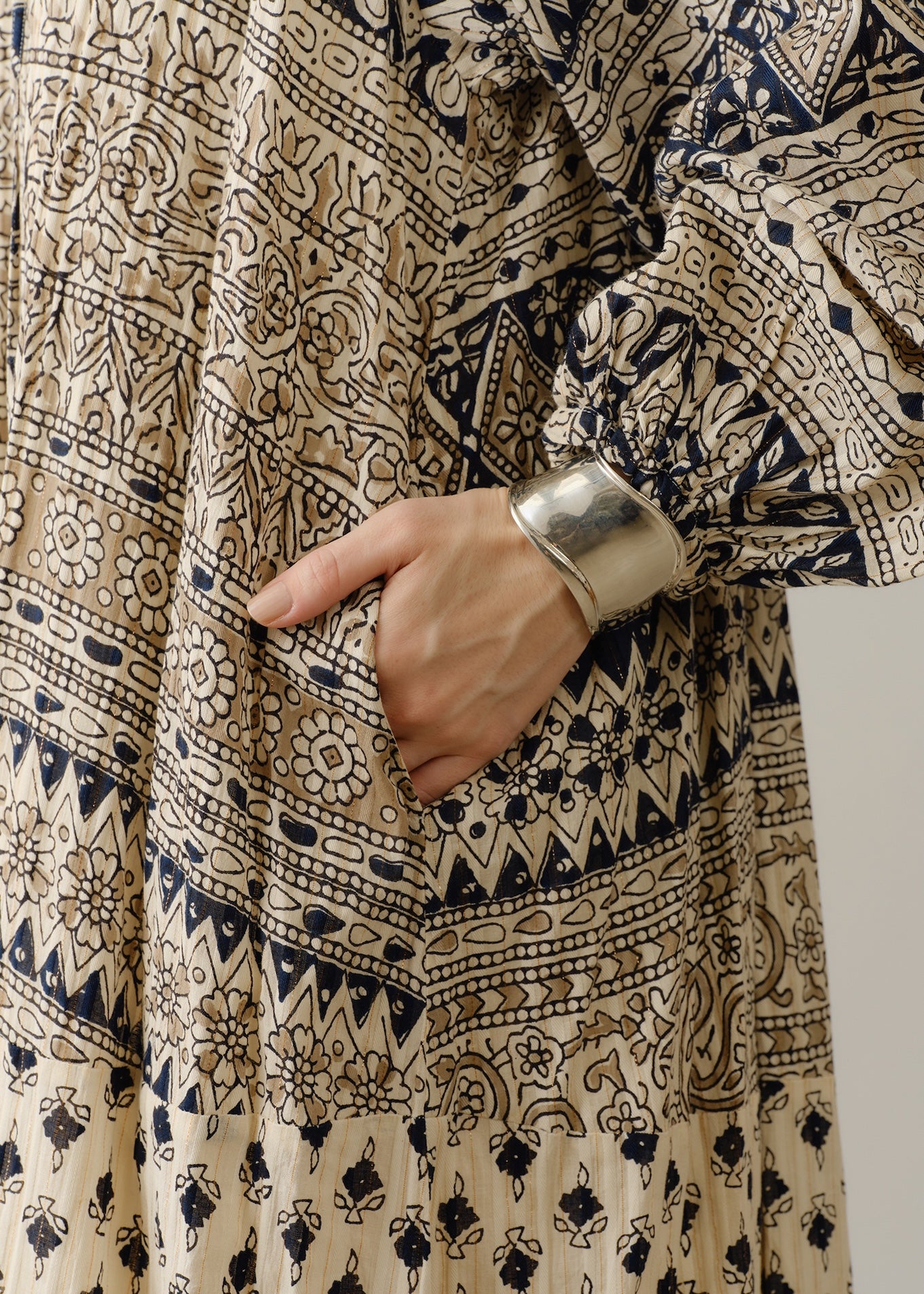 Cotton Lurex Border Print Long Dress