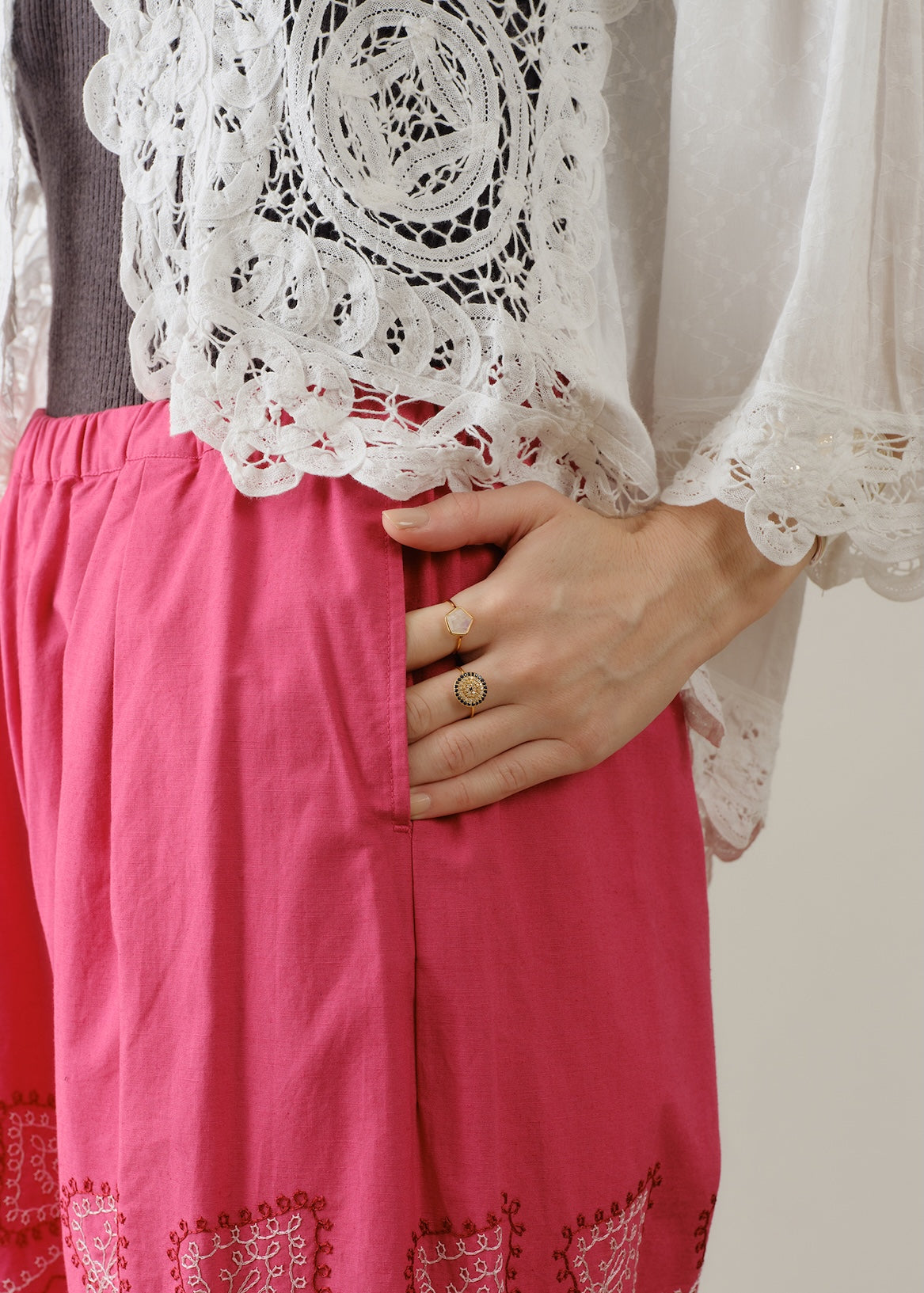 Cotton Linen Star Aari Embroidery Wide Pants